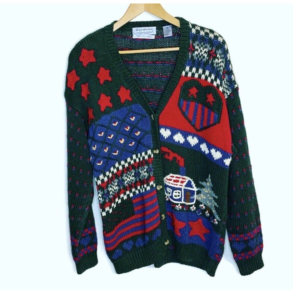 VINTAGE Heart Cardigan Sweater Large 80s Americana Granny Hand EmbroideredL